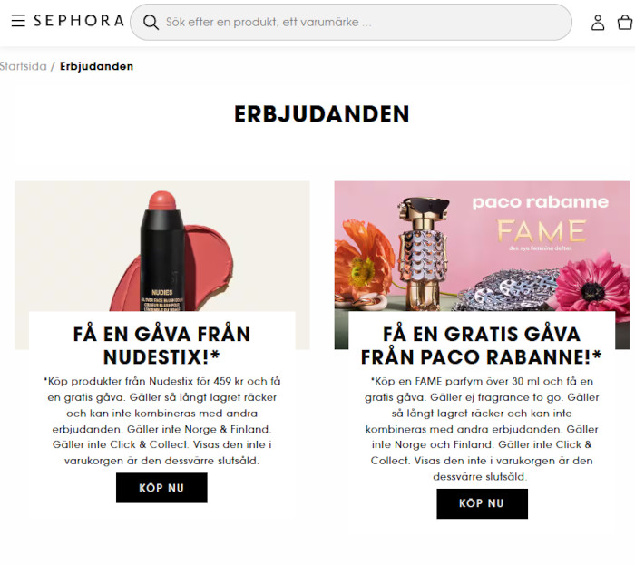 skärmdump från Sephora hemsida 240910